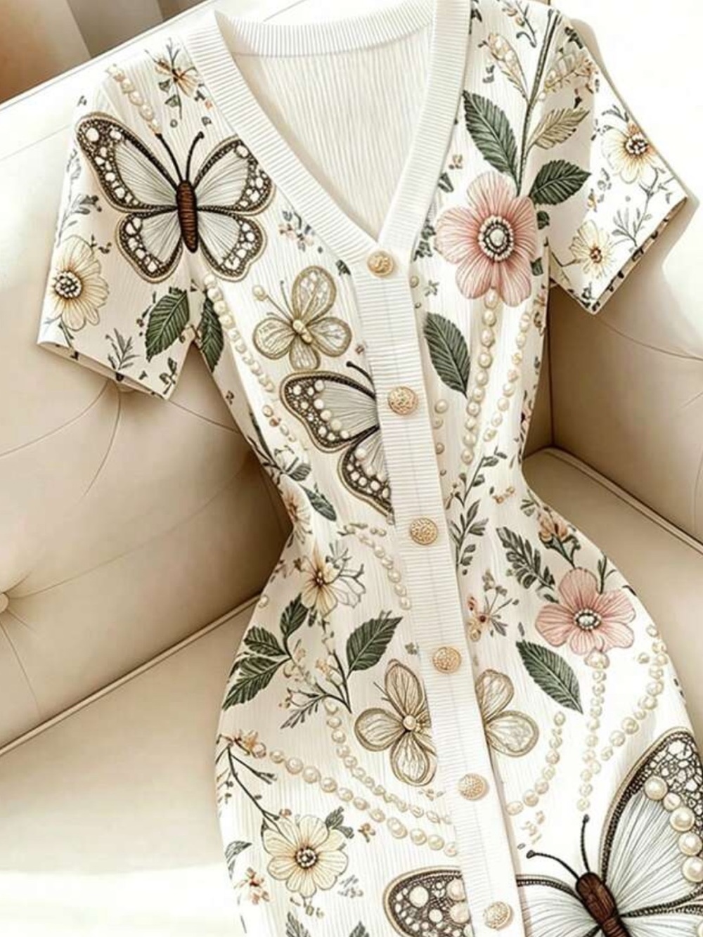 Ivory Floral & Butterfly Button-Front Maxi Dress